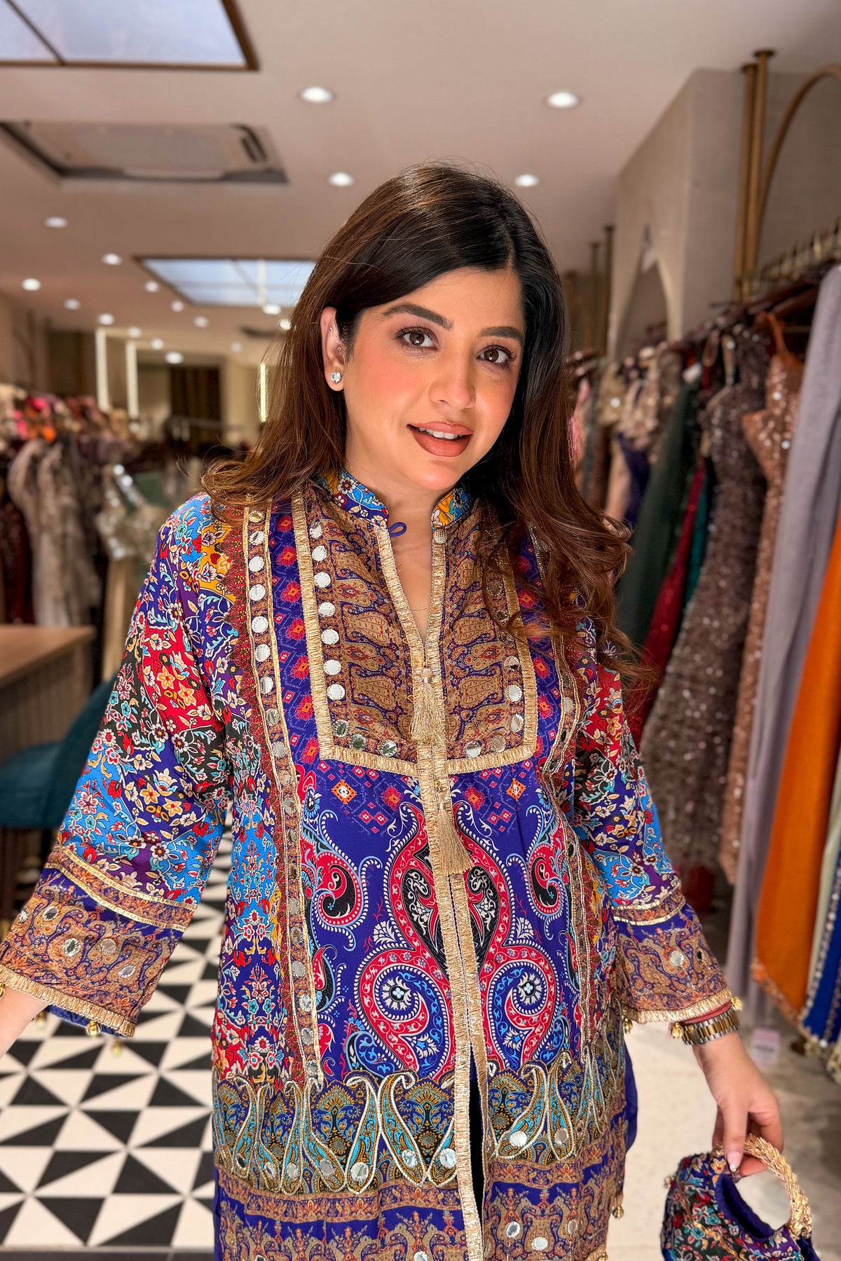 Virna Printed & Embroidered Co ord Set with Bag