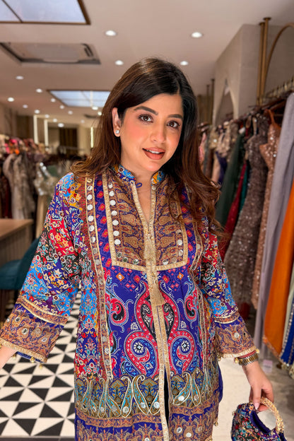 Virna Printed & Embroidered Co ord Set with Bag