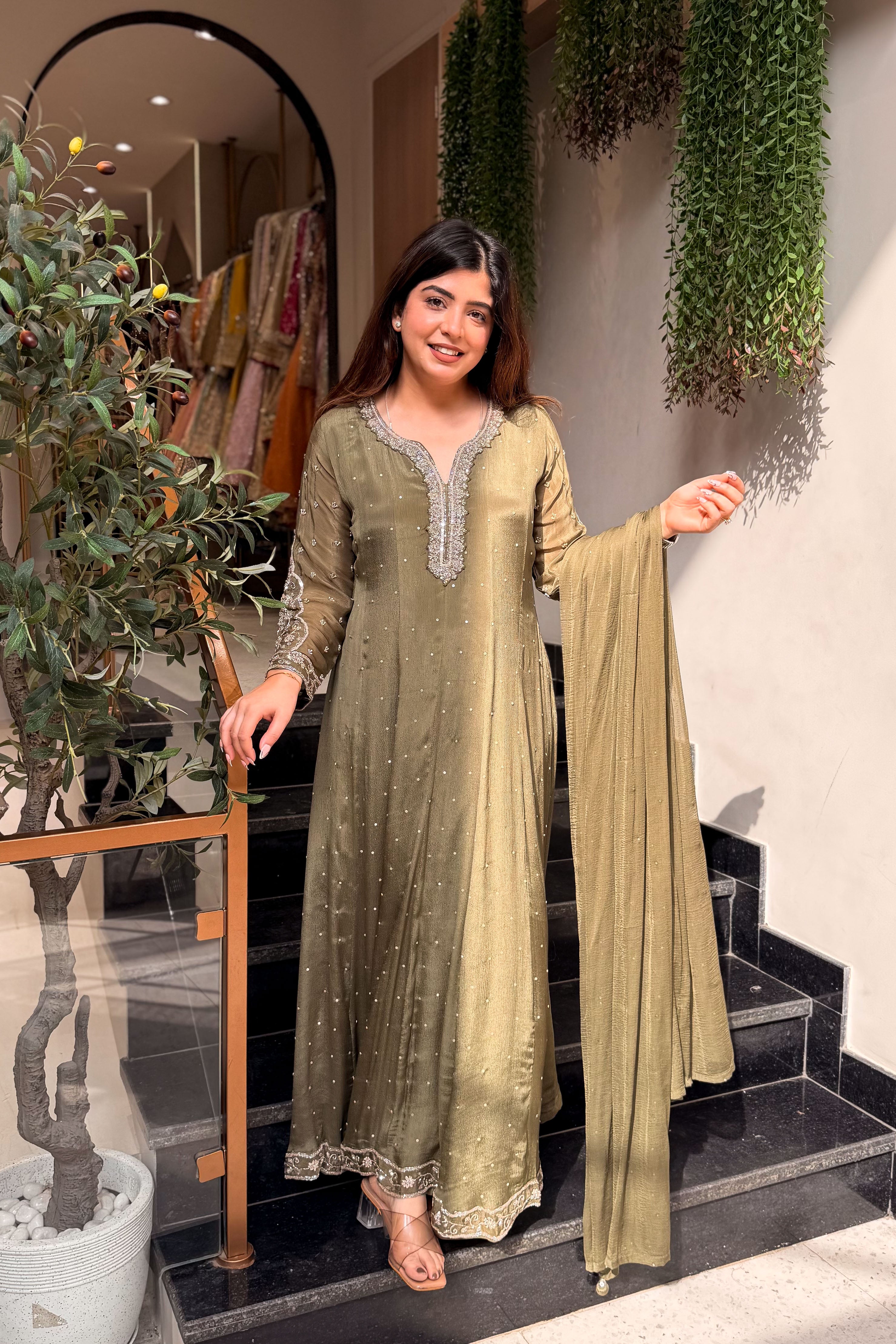 Frizana Olive Embroidered Anarkali Suit