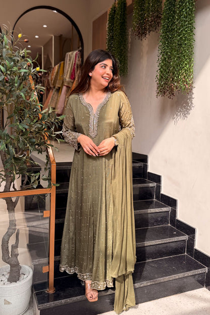 Frizana Olive Embroidered Anarkali Suit