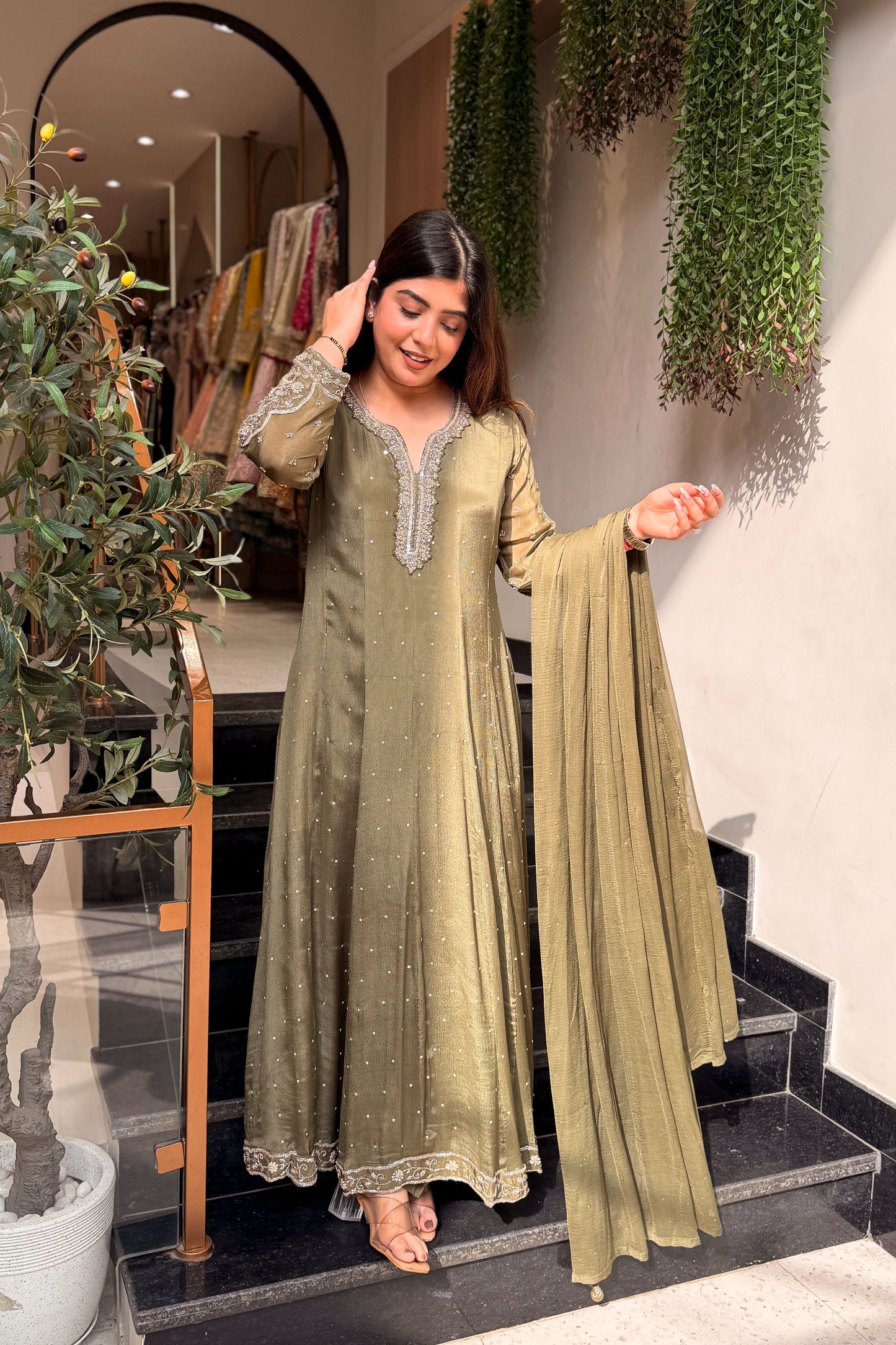 Frizana Olive Embroidered Anarkali Suit