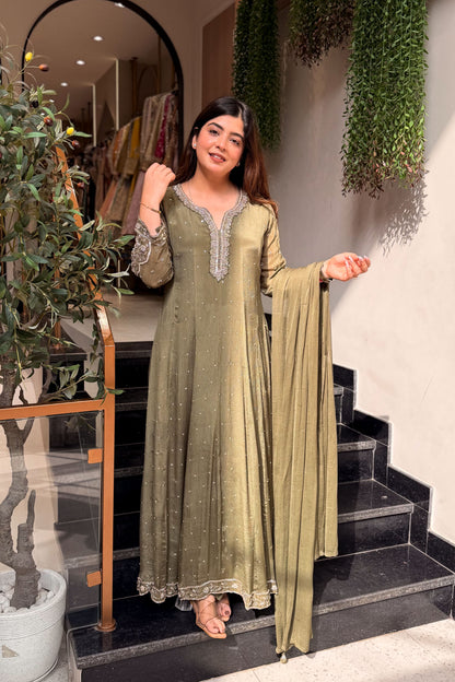 Frizana Olive Embroidered Anarkali Suit