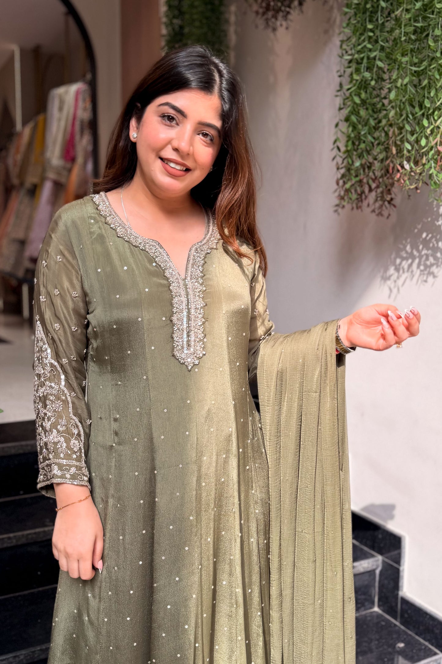 Frizana Olive Embroidered Anarkali Suit