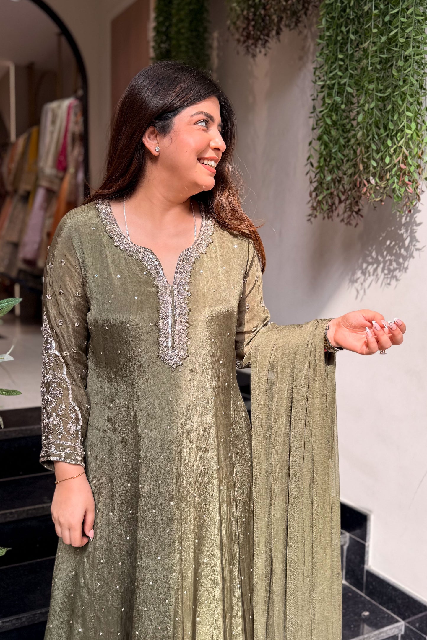 Frizana Olive Embroidered Anarkali Suit