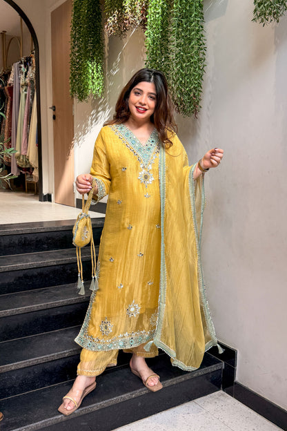Disha Mirror Work Suit Set with Potli