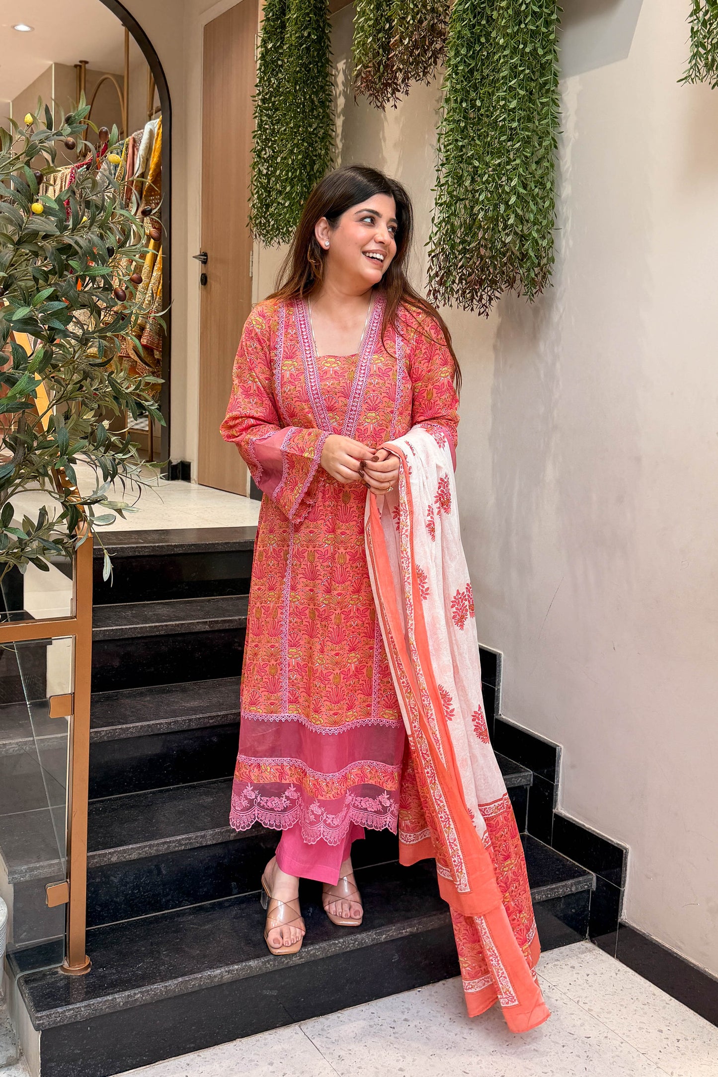 Rani Lace Work Anarkali Suit Set