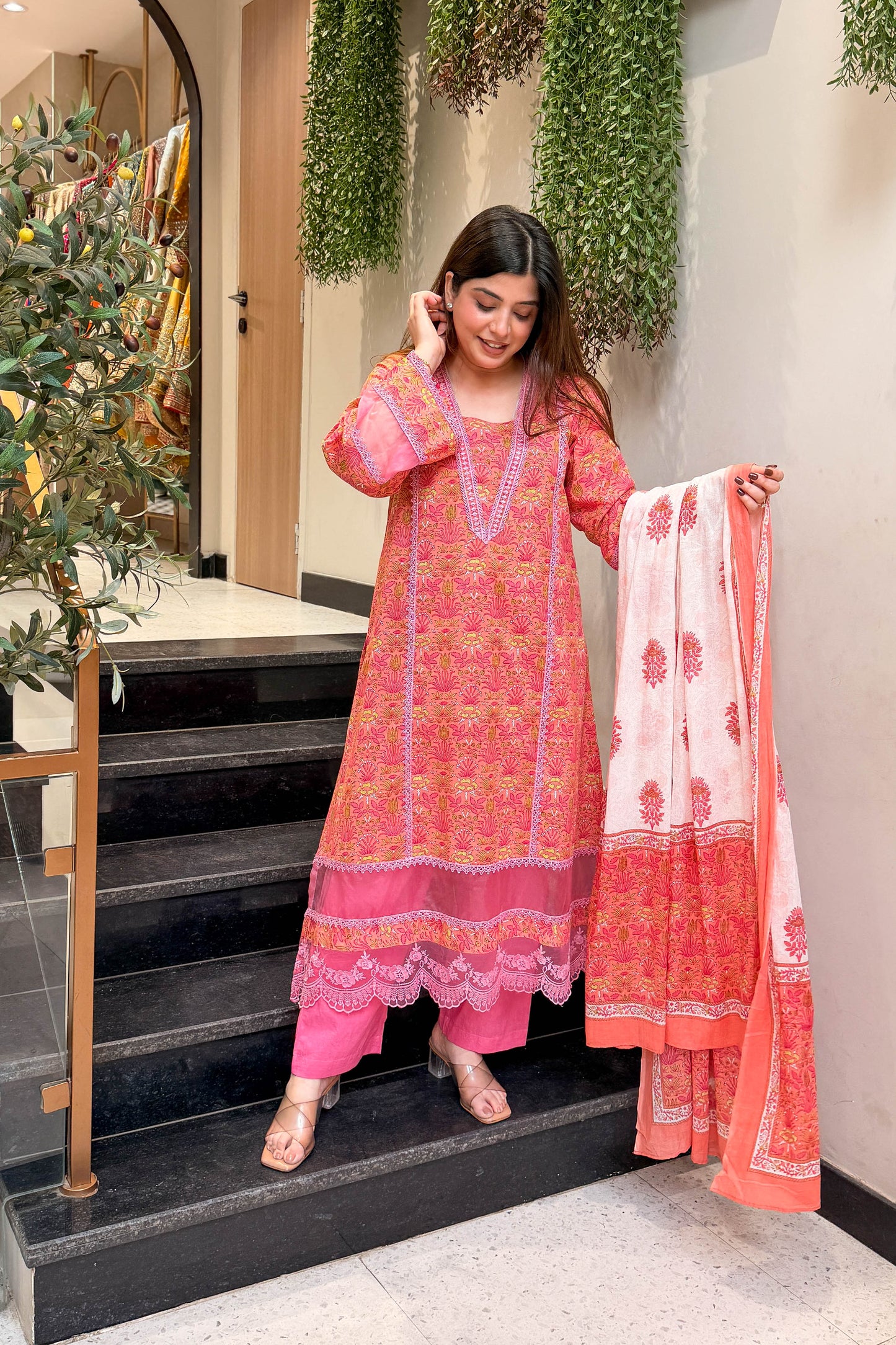 Rani Lace Work Anarkali Suit Set