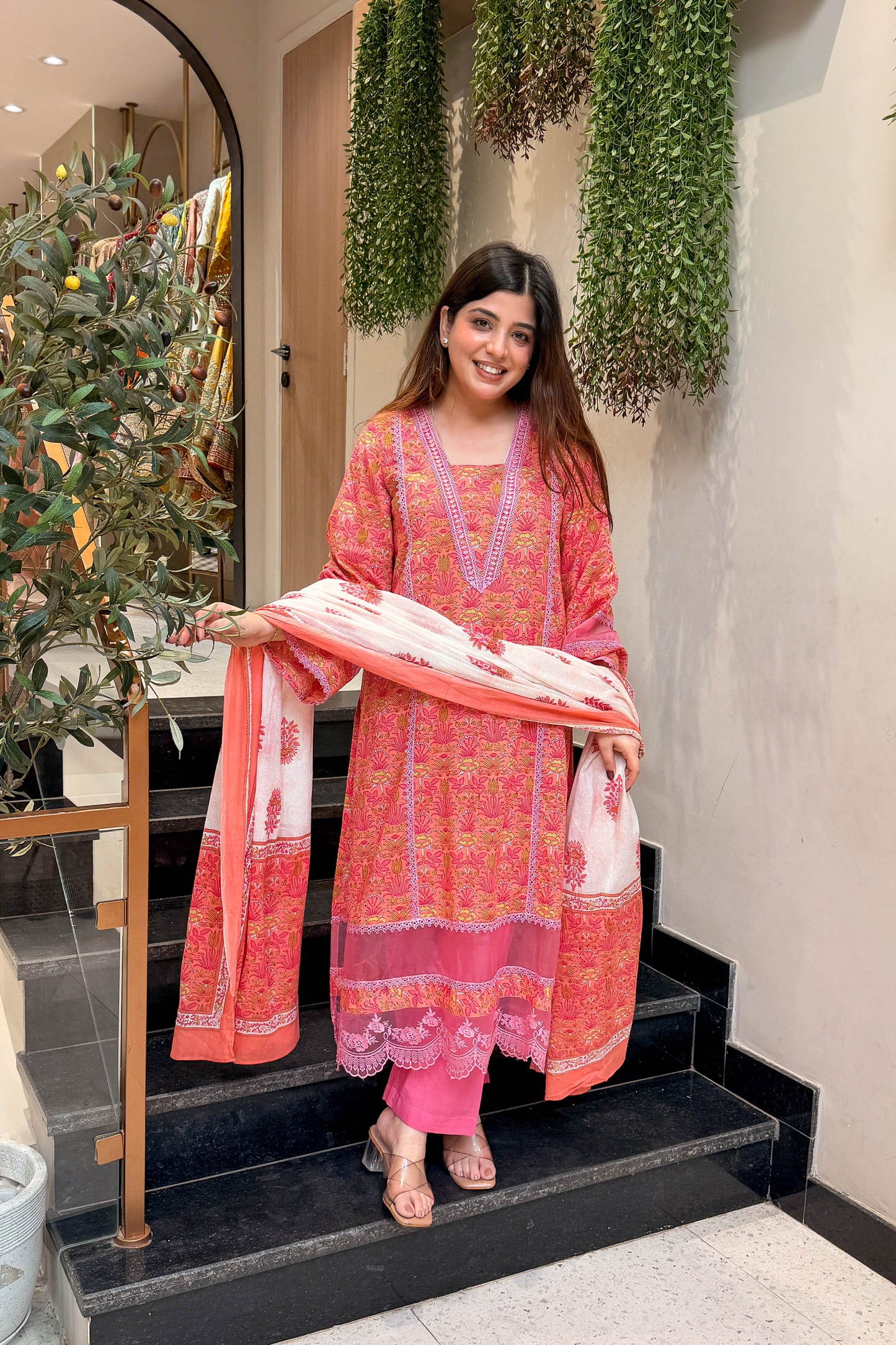 Rani Lace Work Anarkali Suit Set
