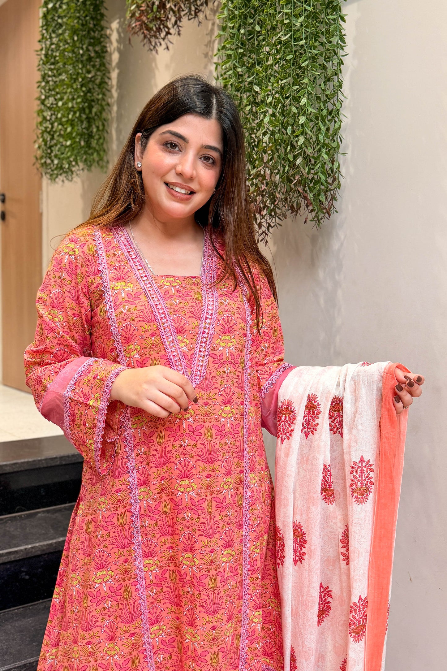 Rani Lace Work Anarkali Suit Set
