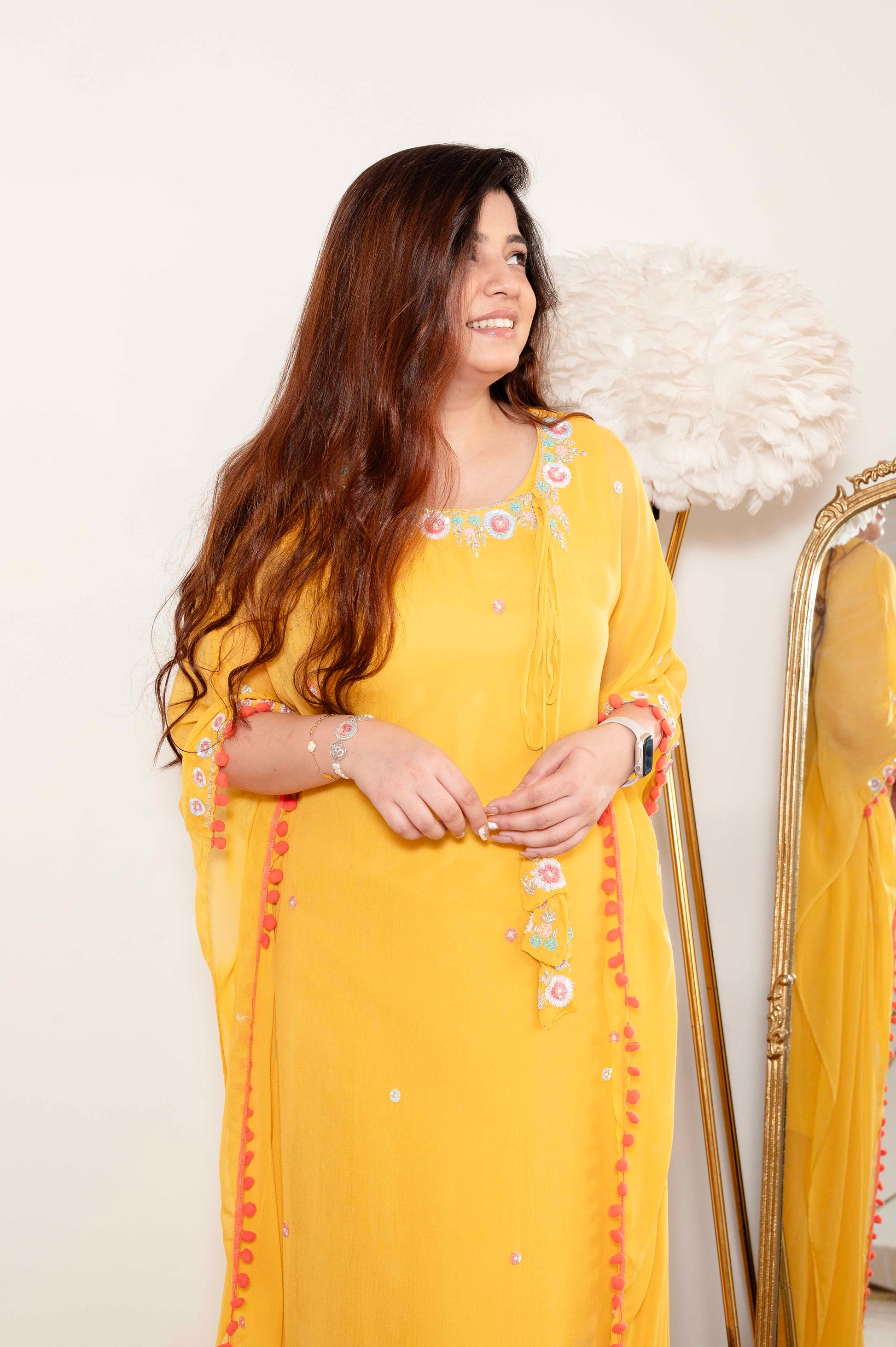 Faiza Yellow Embriodered Kaftan