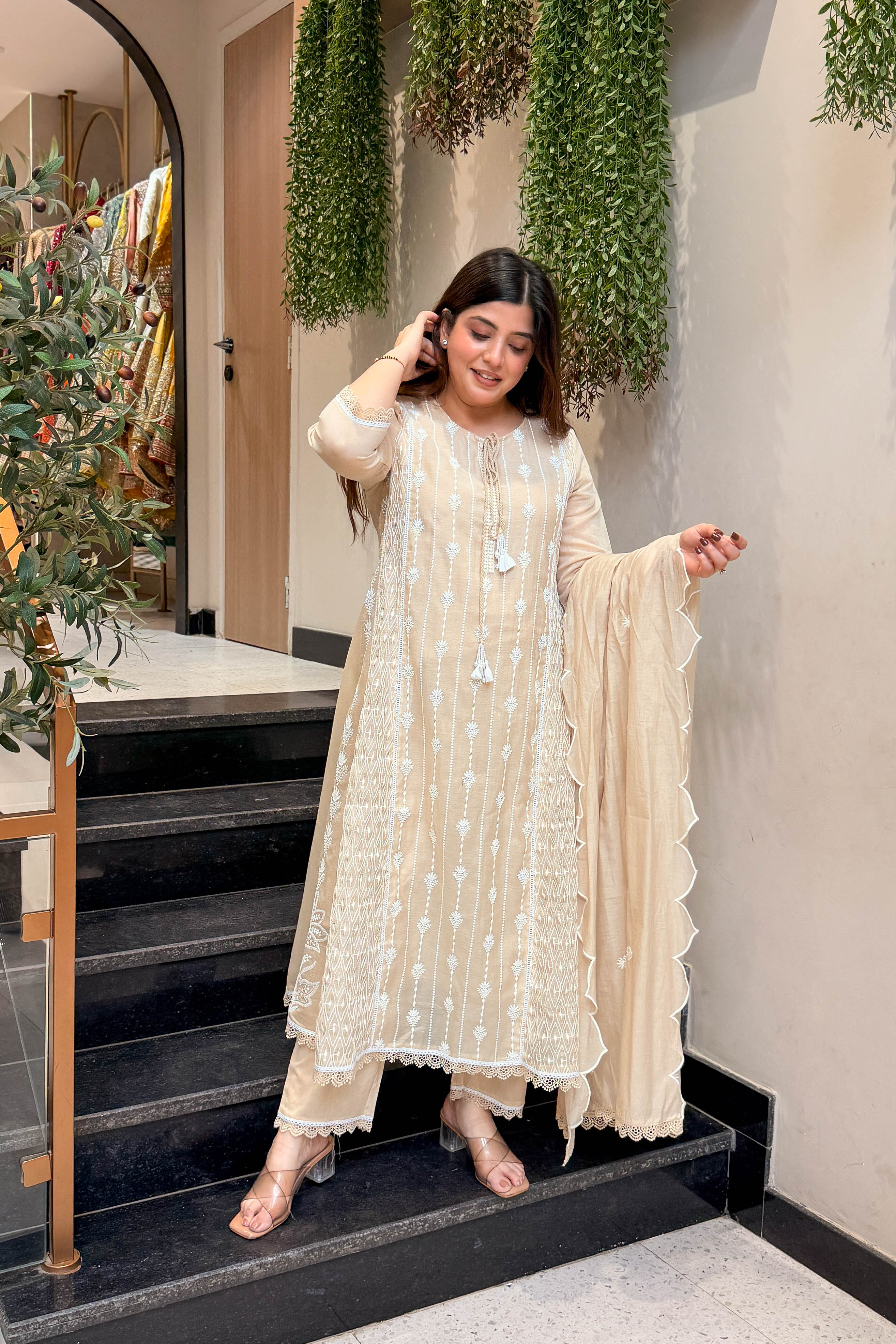 Varah Beige Thread Embroidered Suit Set