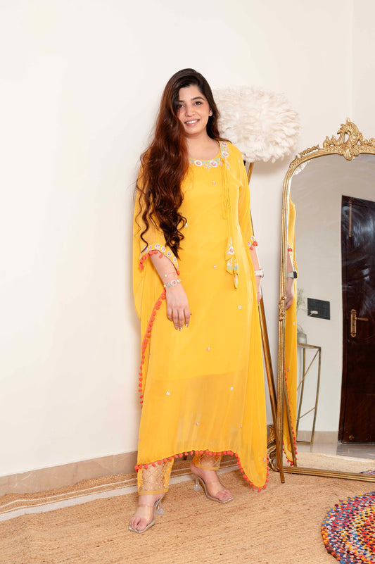 Faiza Yellow Embriodered Kaftan