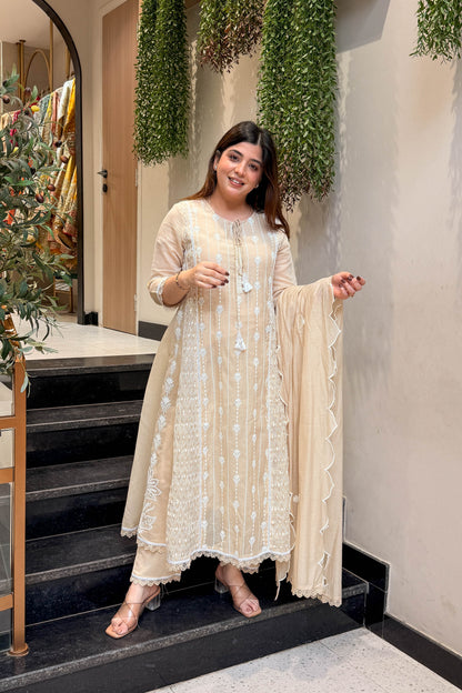 Varah Beige Thread Embroidered Suit Set