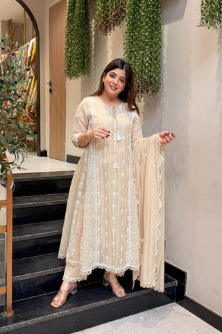 Varah Beige Thread Embroidered Suit Set