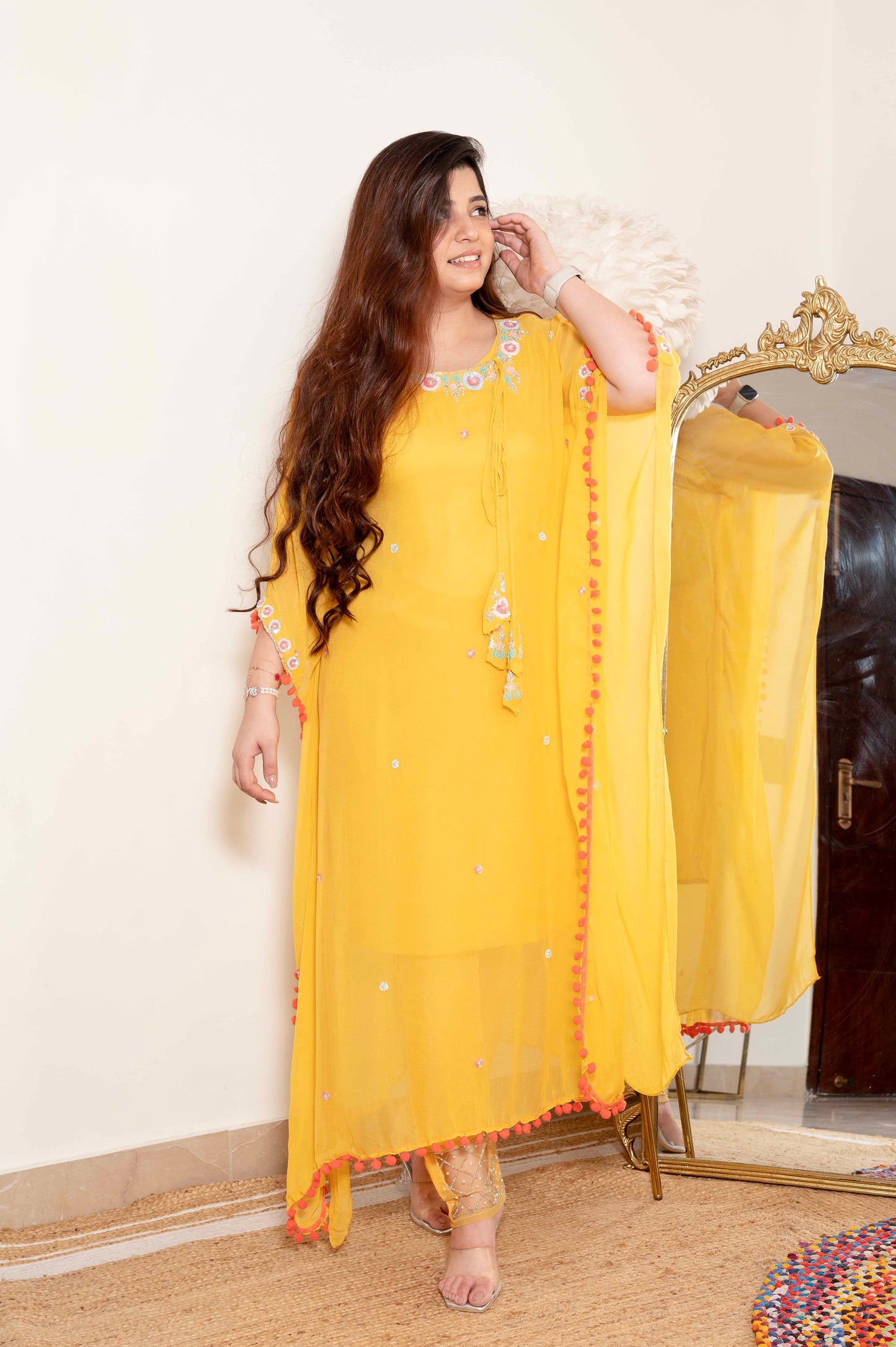 Faiza Yellow Embriodered Kaftan