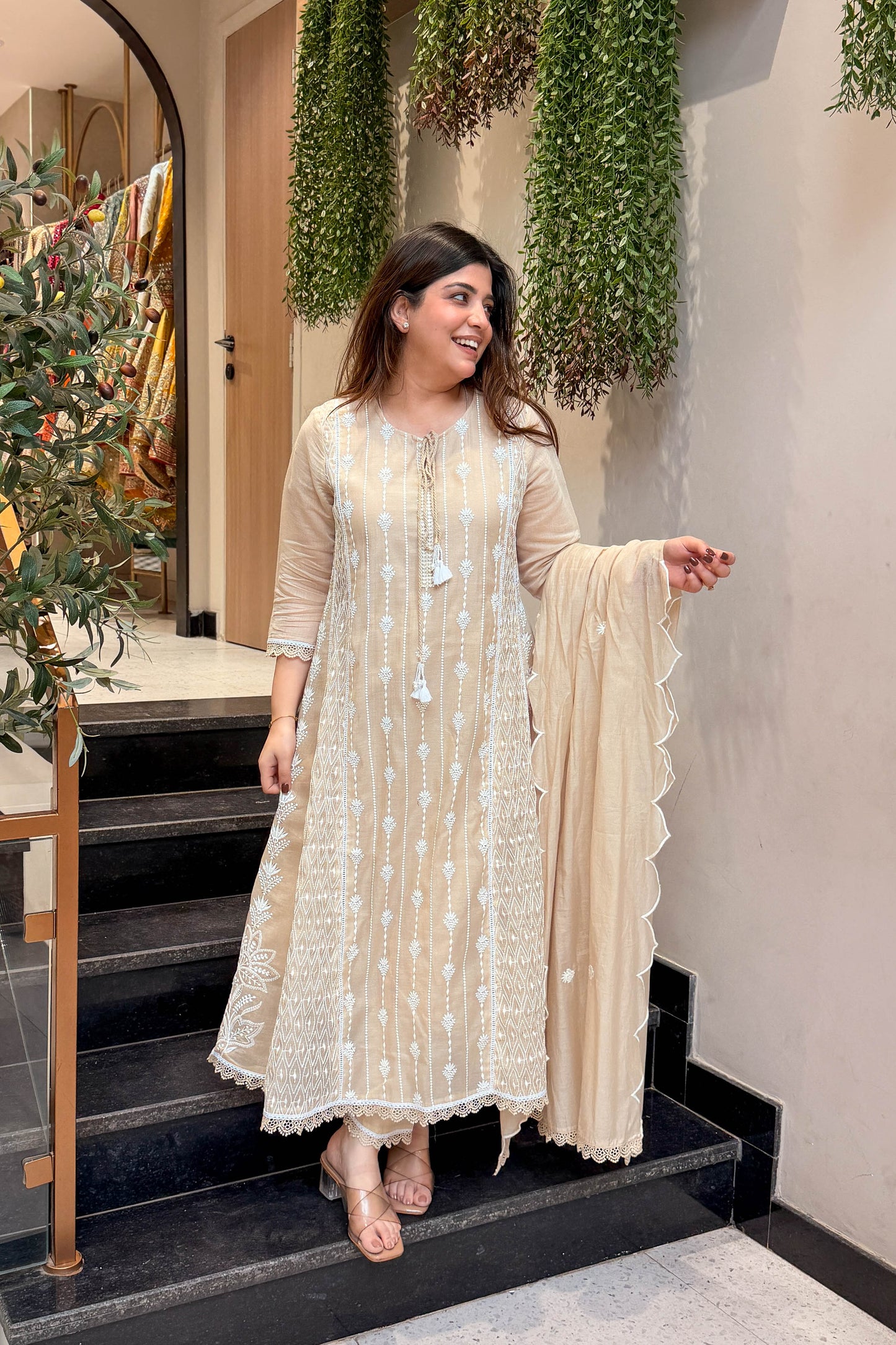 Varah Beige Thread Embroidered Suit Set