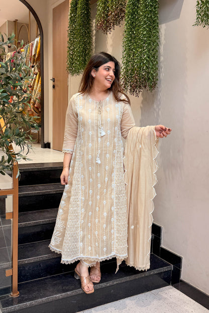 Varah Beige Thread Embroidered Suit Set