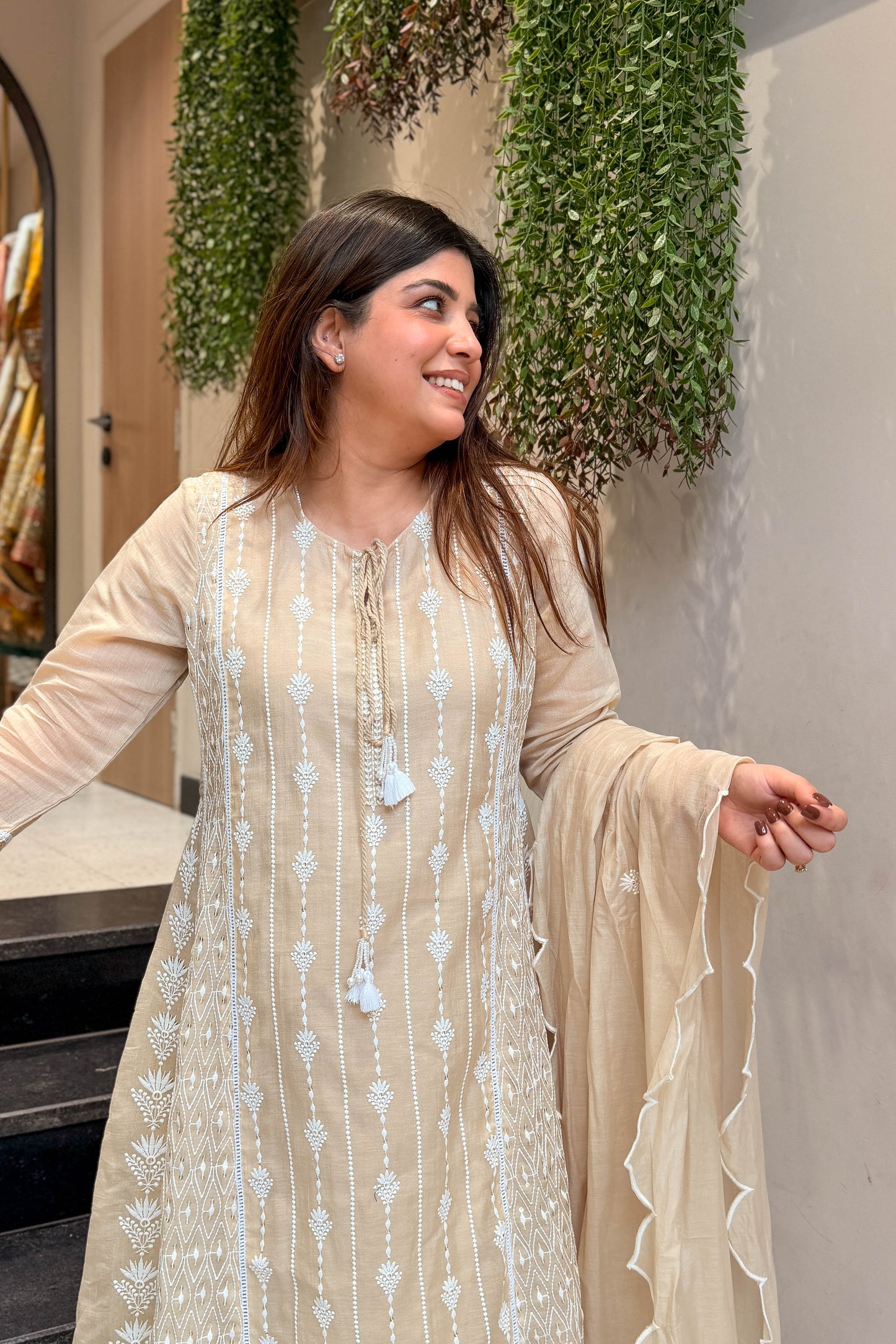 Varah Beige Thread Embroidered Suit Set