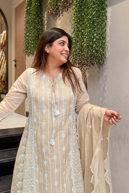 Varah Beige Thread Embroidered Suit Set