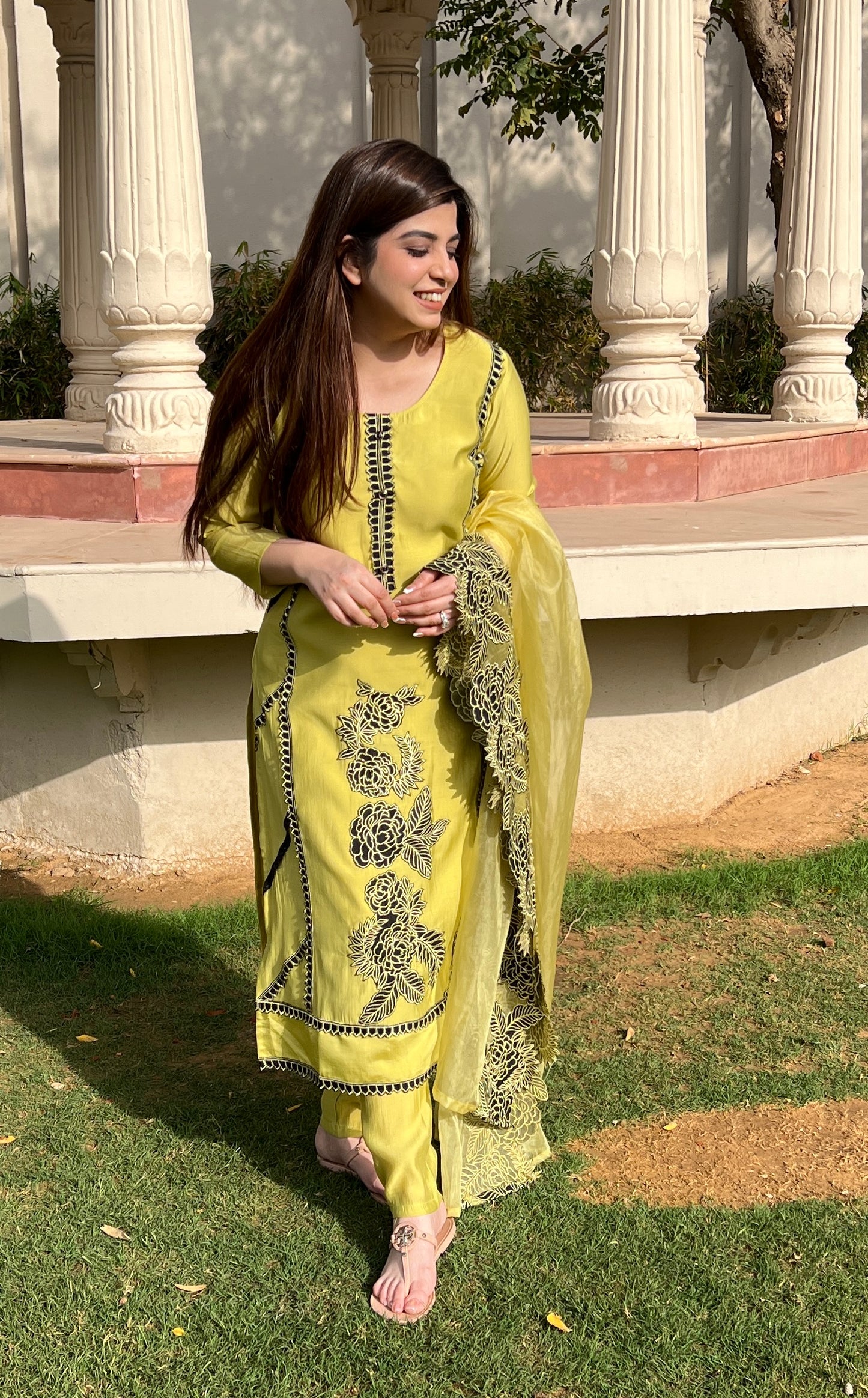 Veera Green Silk Suit With Thread Detailing