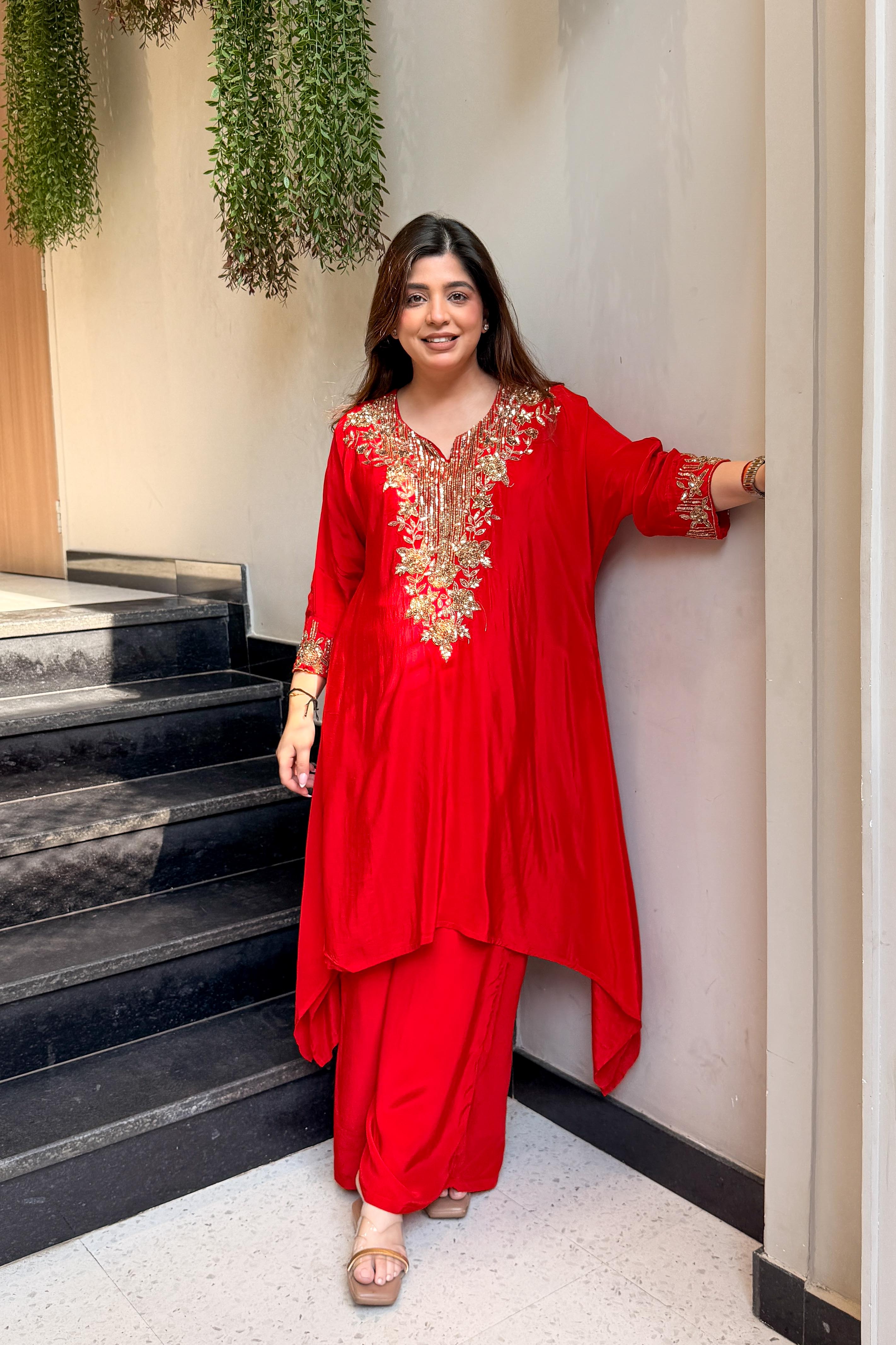 Aavira Red Hand Embroidered Co ord Set