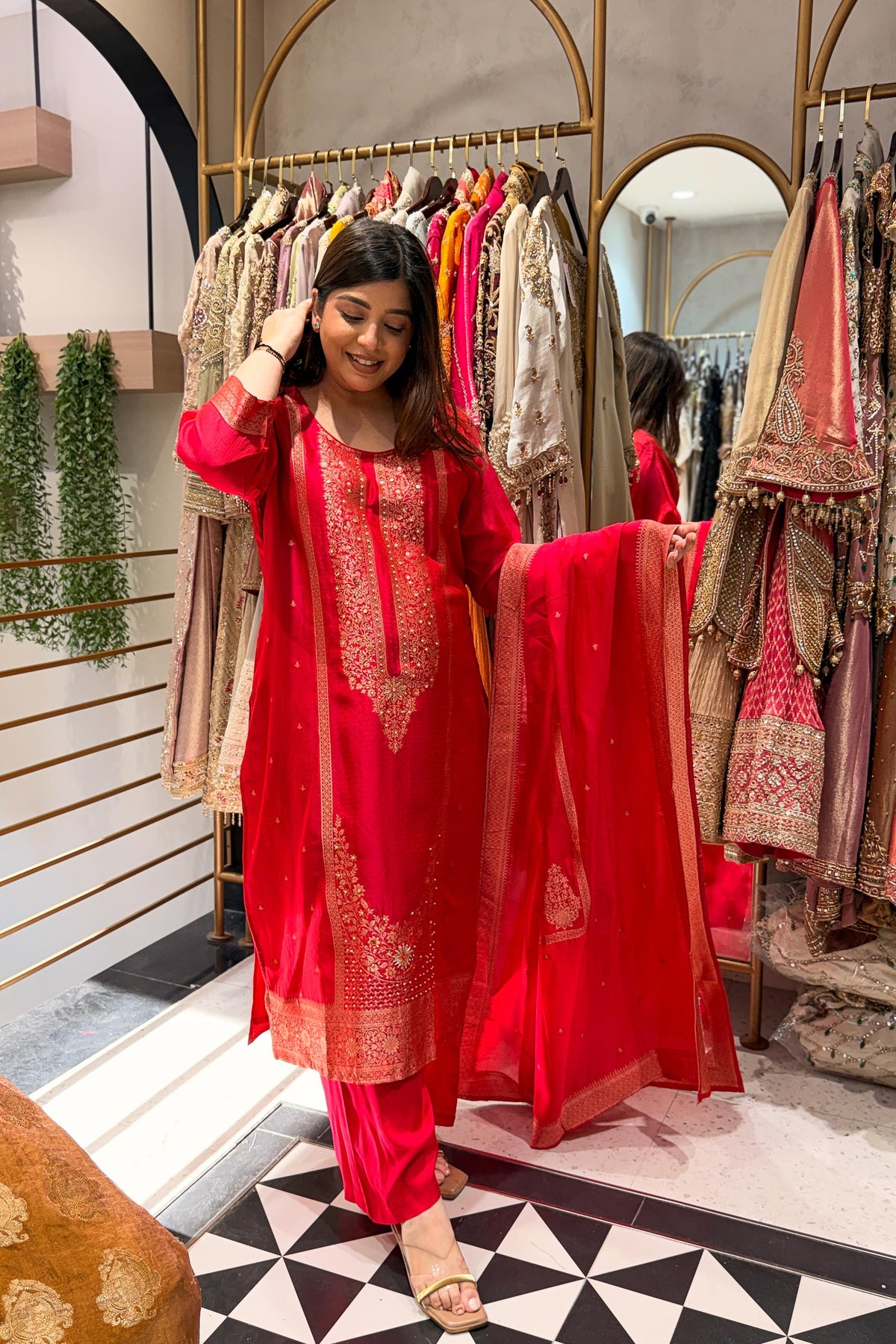 Faryaz Floral Work Silk Suit Set
