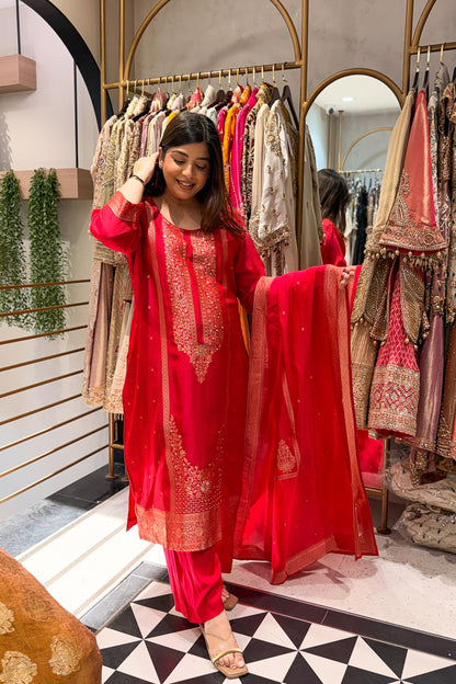 Faryaz Floral Work Silk Suit Set