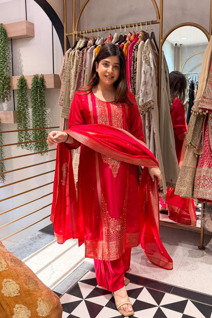 Faryaz Floral Work Silk Suit Set