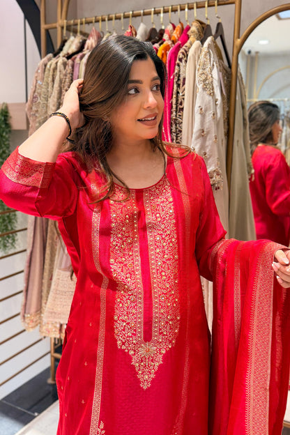 Faryaz Floral Work Silk Suit Set