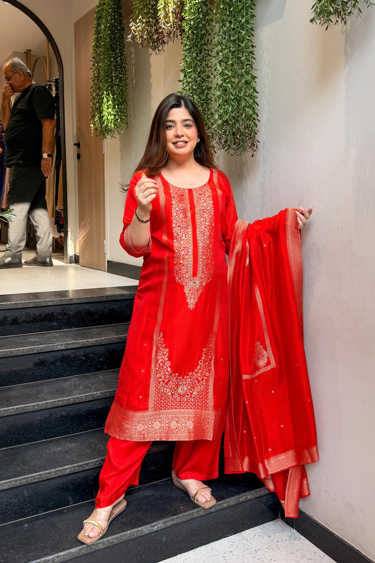 Faryaz Floral Work Silk Suit Set
