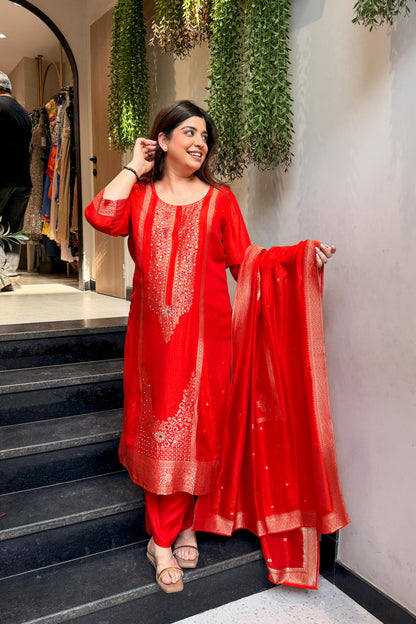 Faryaz Floral Work Silk Suit Set