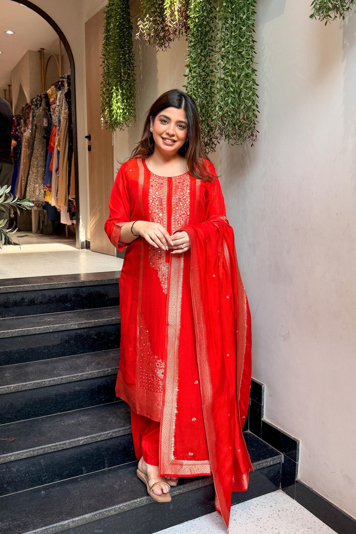 Faryaz Floral Work Silk Suit Set