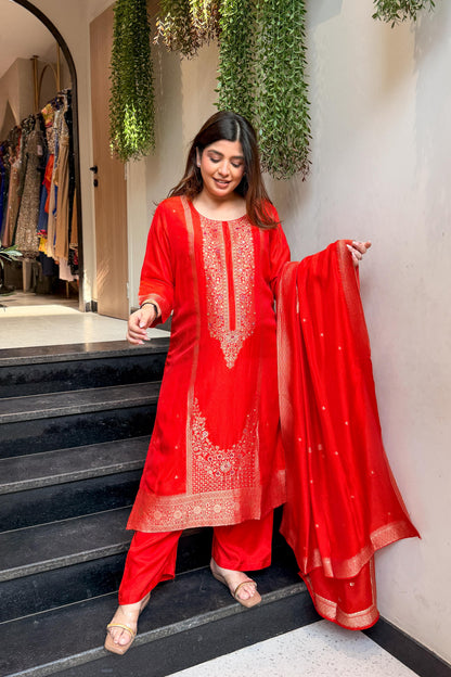 Faryaz Floral Work Silk Suit Set
