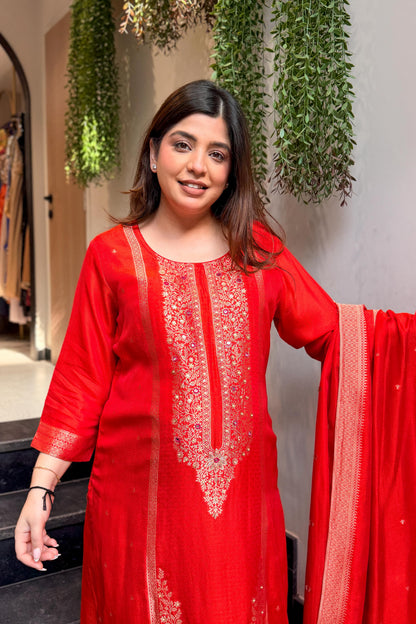 Faryaz Floral Work Silk Suit Set