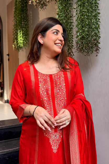 Faryaz Floral Work Silk Suit Set