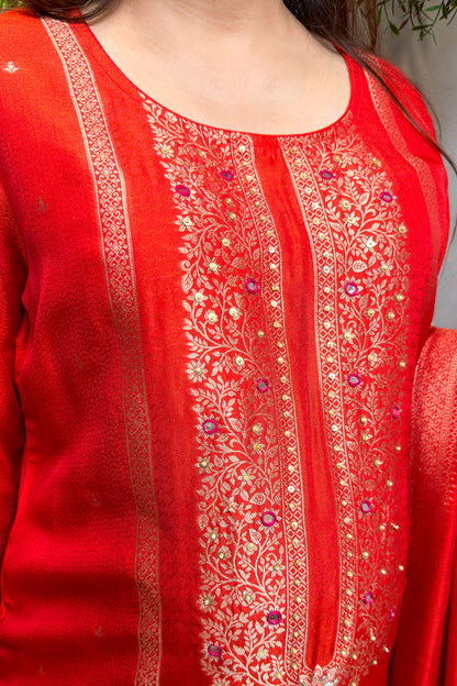 Faryaz Floral Work Silk Suit Set