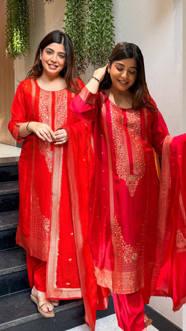 Faryaz Floral Work Silk Suit Set