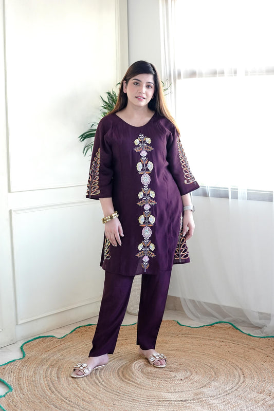 FARIYA WINE EMBROIDERED CO ORD SET