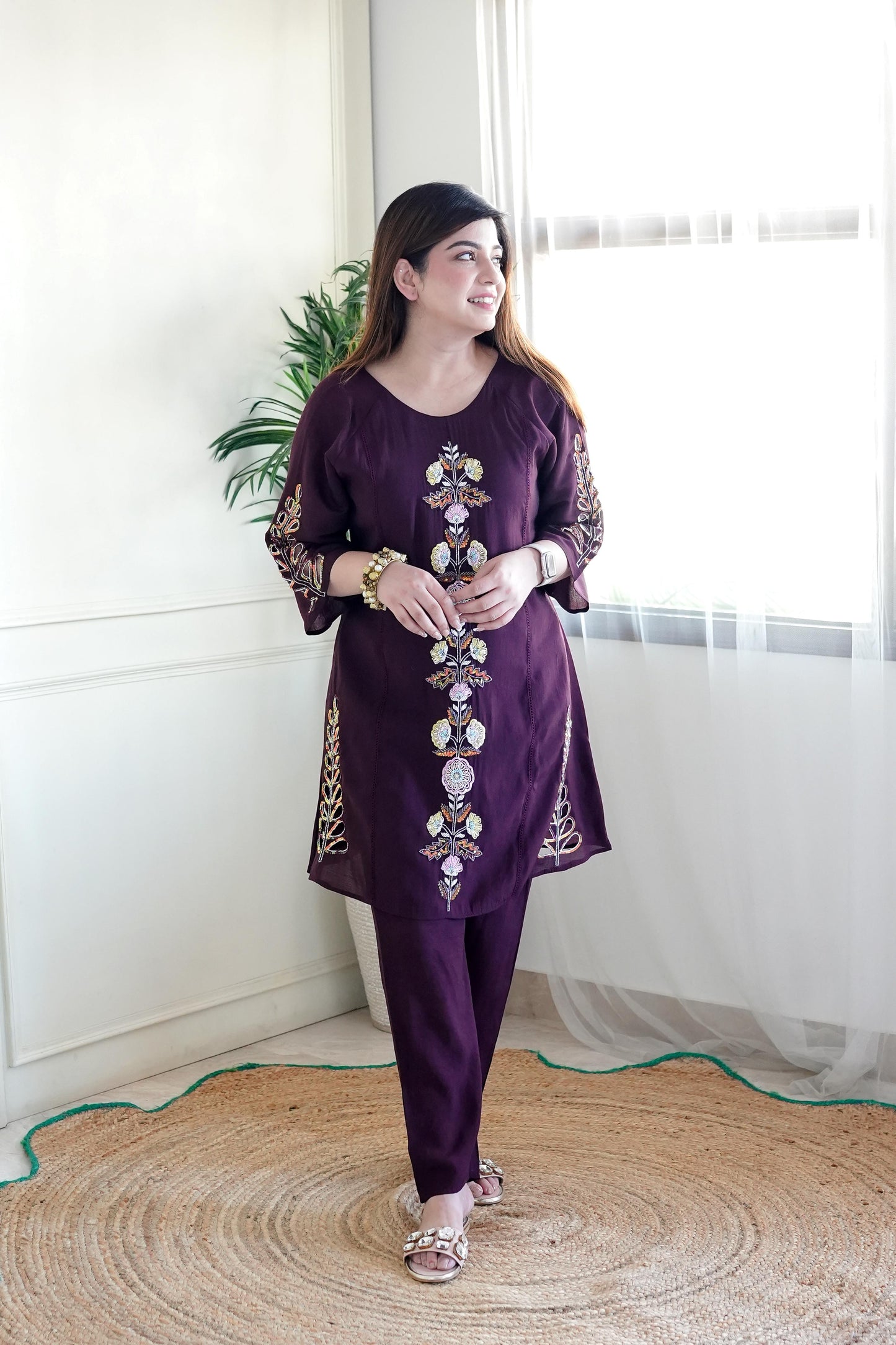 FARIYA WINE EMBROIDERED CO ORD SET