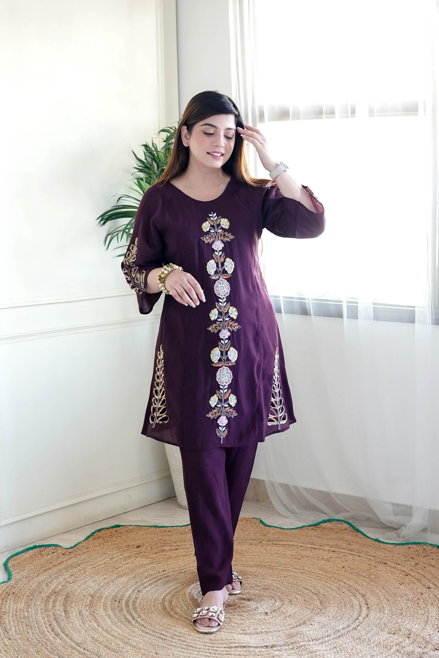 FARIYA WINE EMBROIDERED CO ORD SET