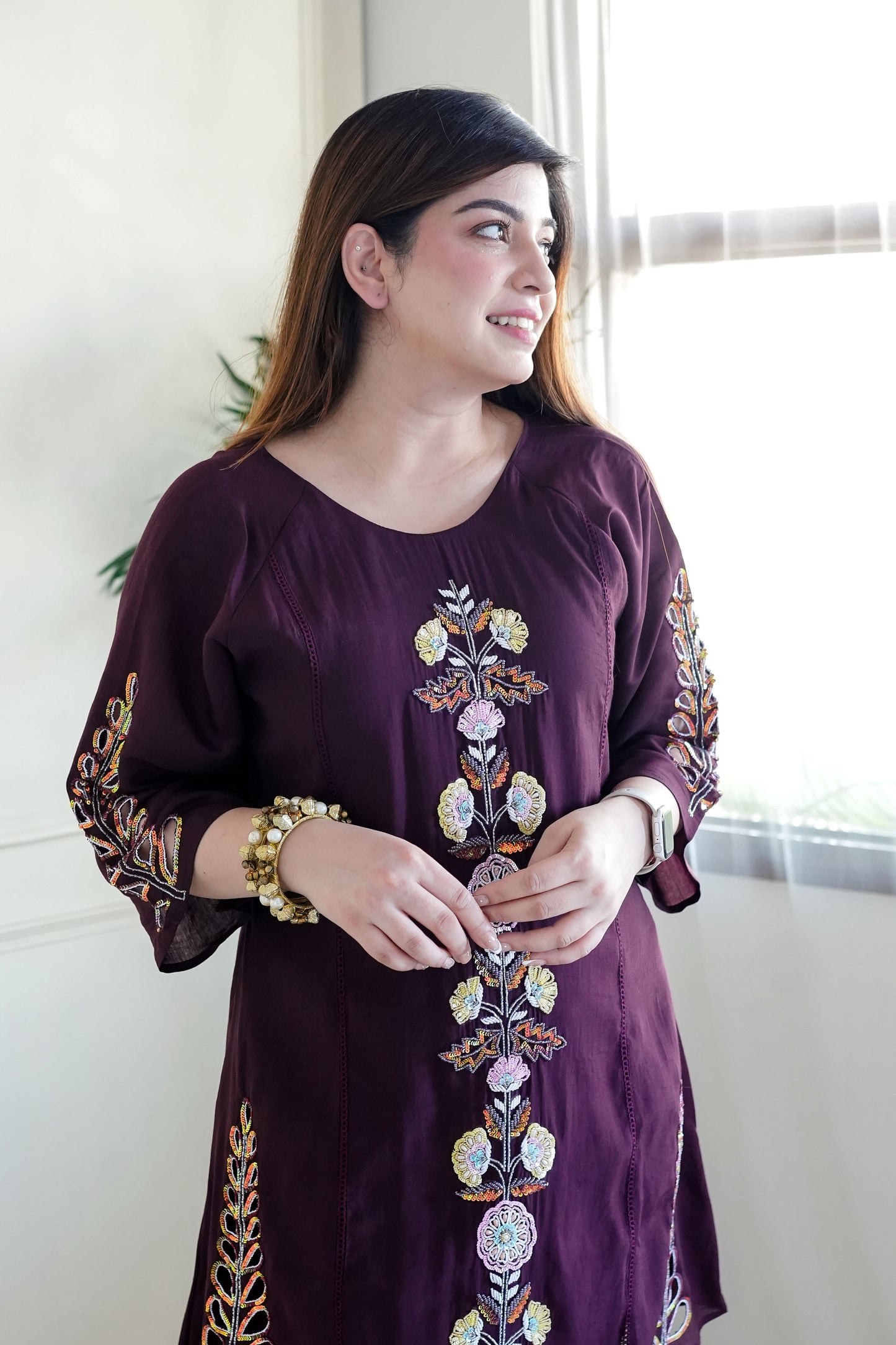 FARIYA WINE EMBROIDERED CO ORD SET