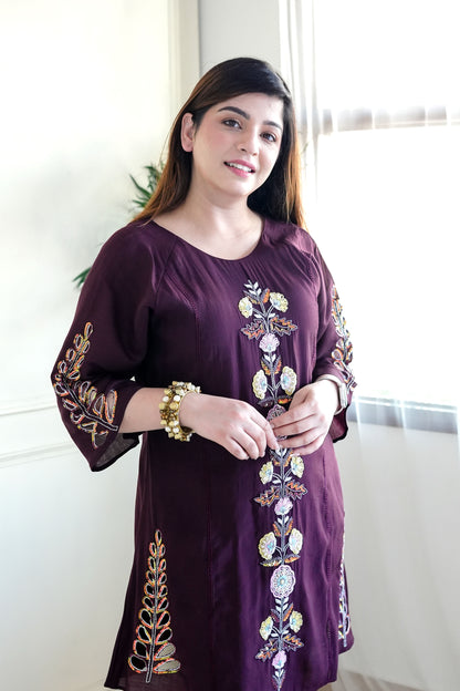 FARIYA WINE EMBROIDERED CO ORD SET