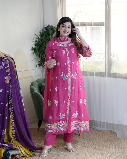 Mreeyal Pink Embroidered A line Silk Suit