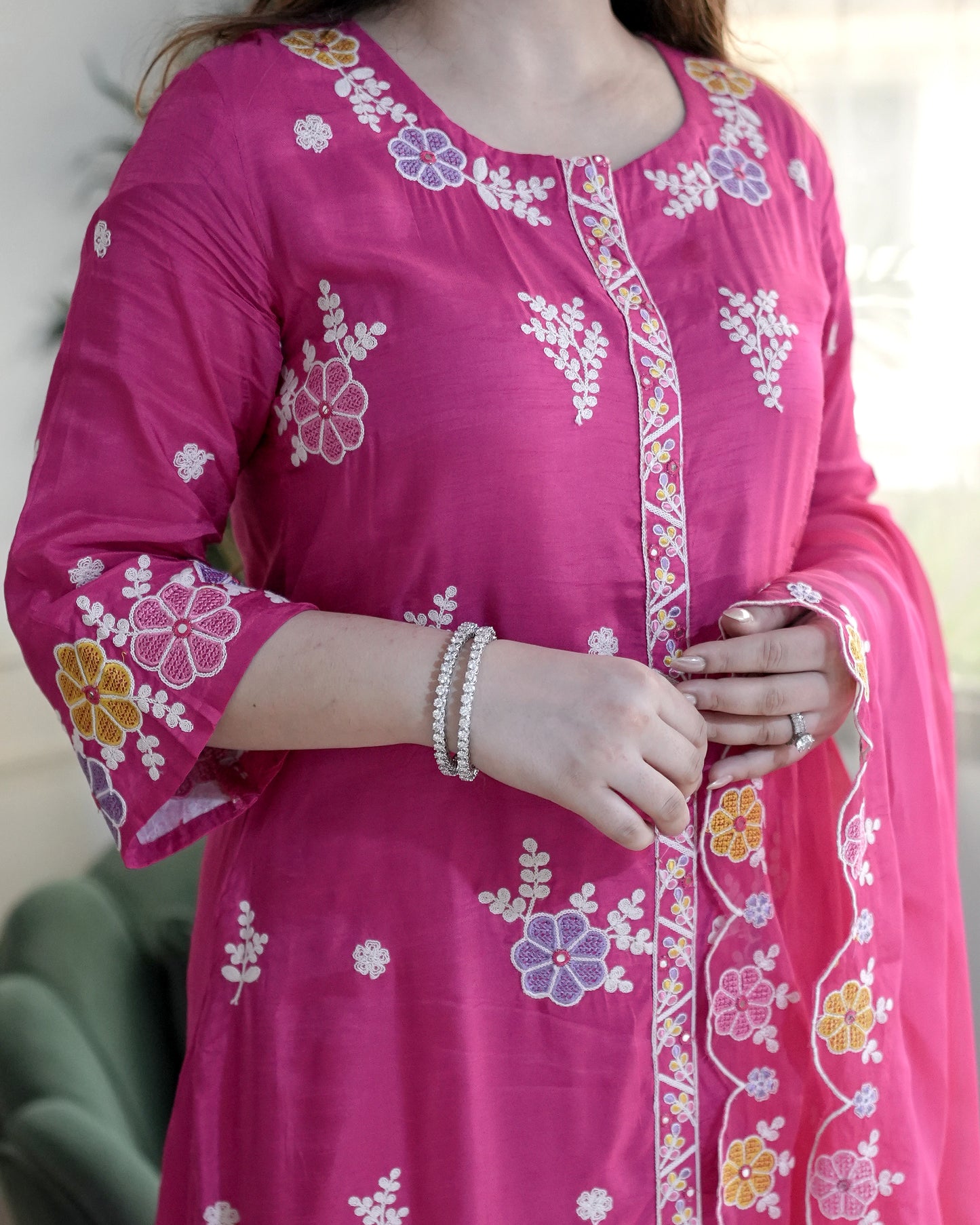 Mreeyal Pink Embroidered A line Silk Suit