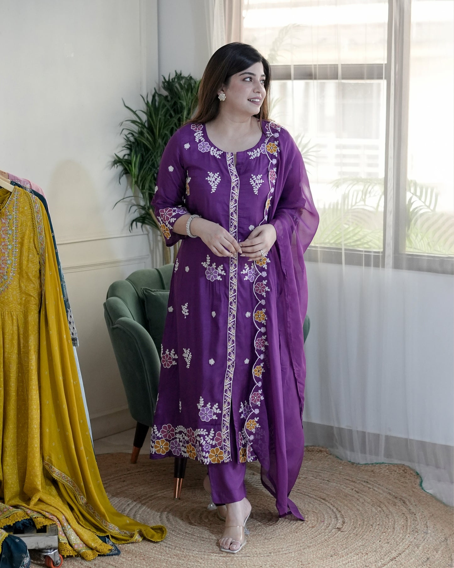 Mreeyal Purple Thread Embroidered A line Suit Set