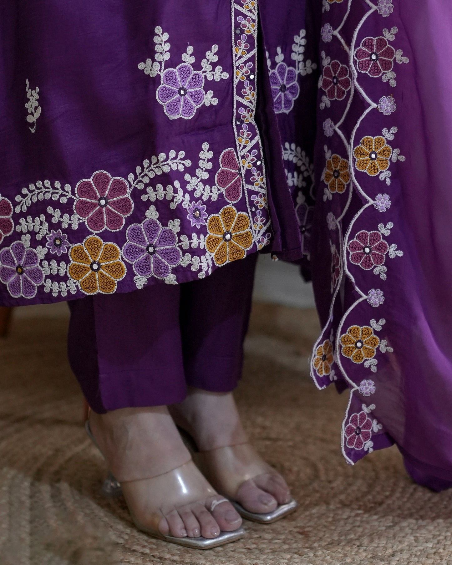 Mreeyal Purple Thread Embroidered A line Suit Set