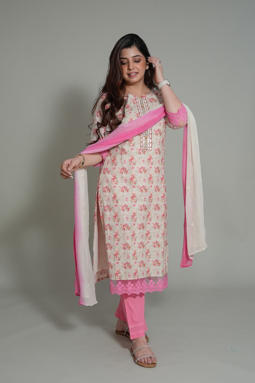 Nusrat Printed Schiffli Suit Set