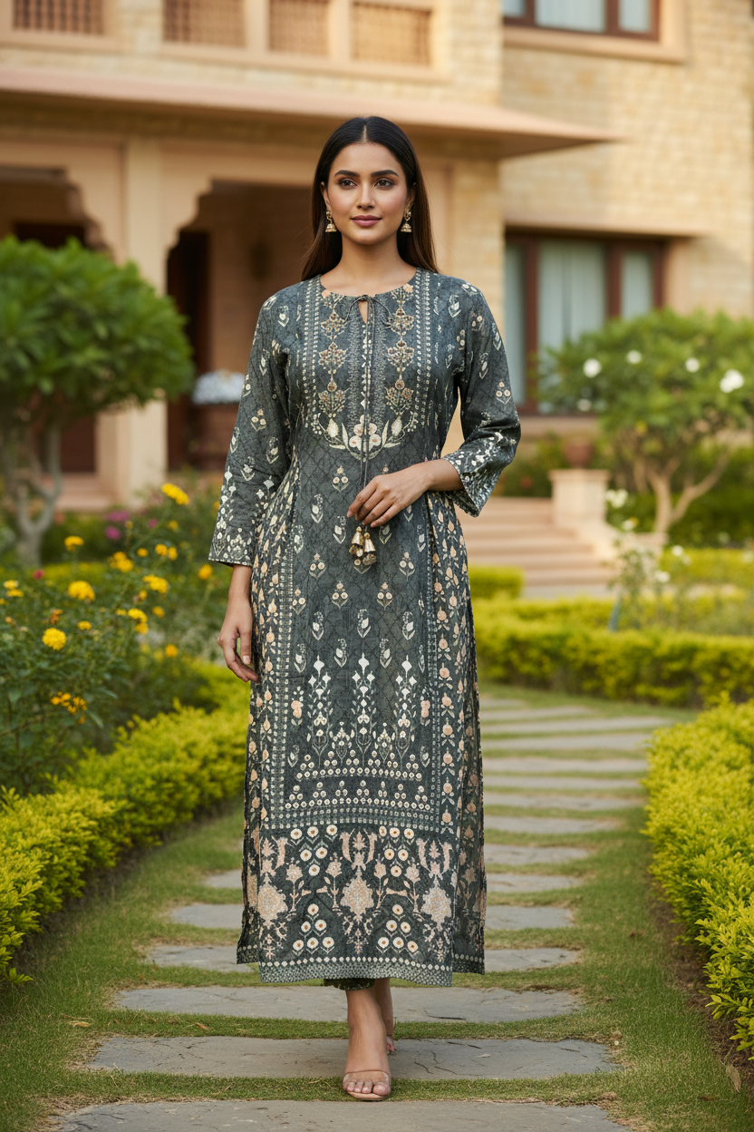 Grey Floral Printed Kurta