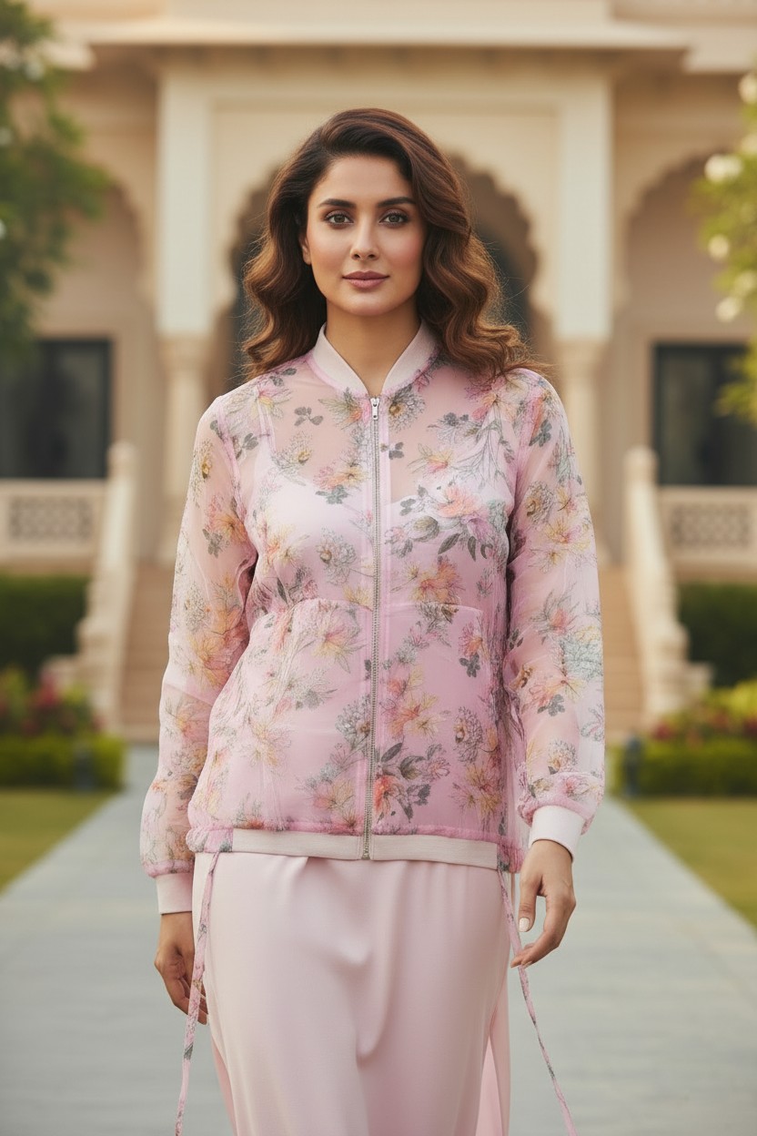 Floral Print Net Zipper Top