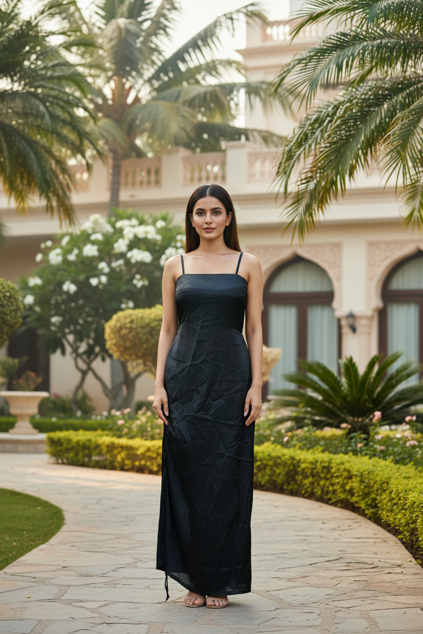 Black Side Knot Slip Satin Dress